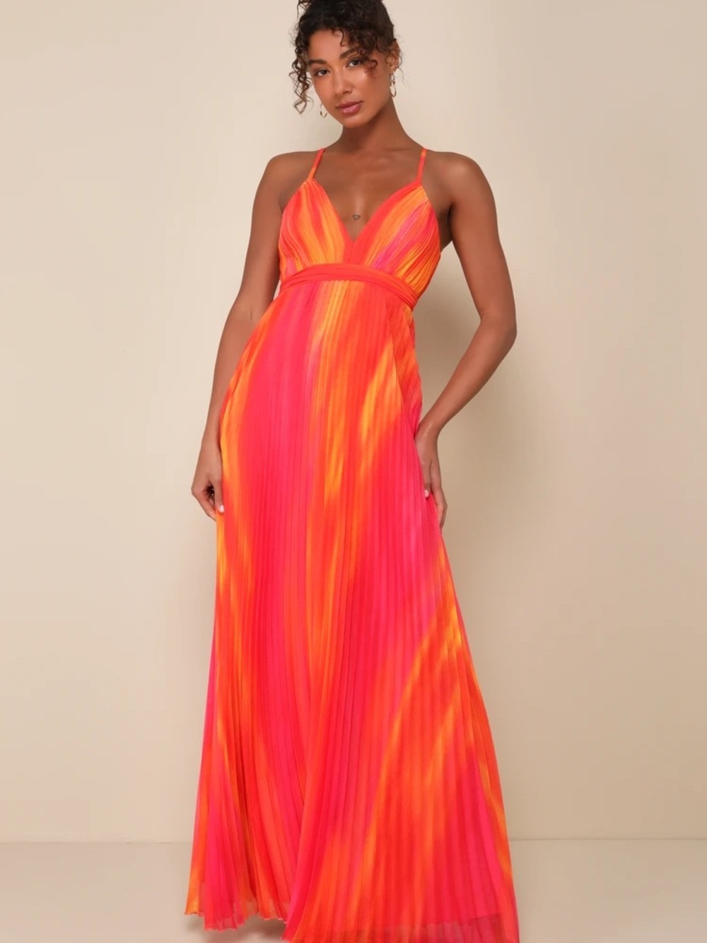 Lulus Pleated Chiffon Maxi Dress Watercolour Orange Pink Yellow Large